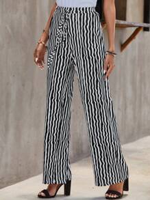 SHEIN LUNE 條紋印花腰上打結闊腿褲 - 黑與白 - 查看 1
