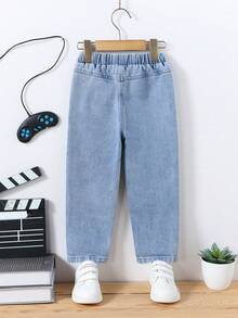 Niñito Jeans desgarro con estampado de slogan y dibujos animados desgarro crudo - Lavado ligero - Ver 2