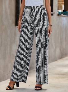 SHEIN LUNE 條紋印花腰上打結闊腿褲 - 黑與白 - 查看 4