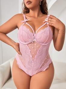大碼蕾絲拼接前蝴蝶結鋼圈性感緊身連體衣 - 粉色 - 查看 5