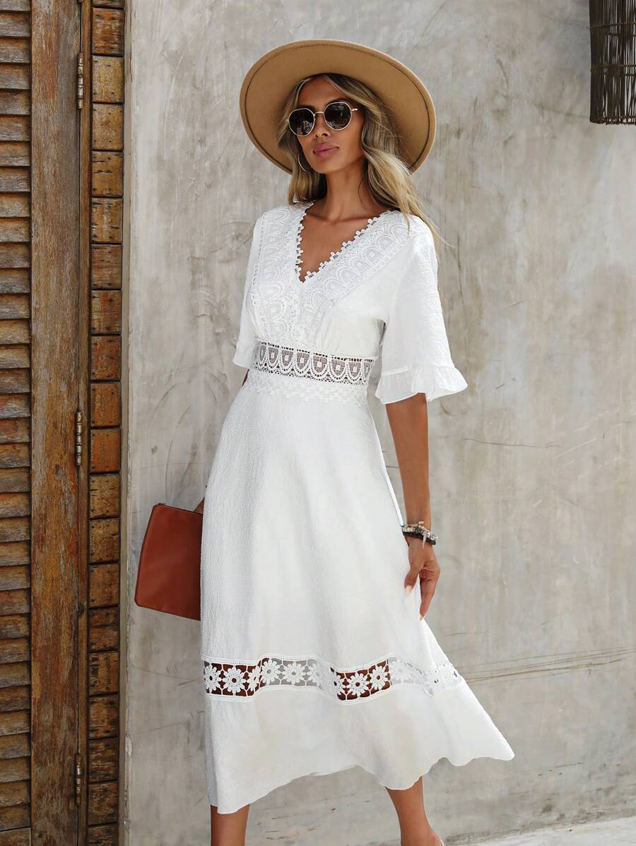 SHEIN VCAY Guipure Lace Insert Ruffle Hem Dress - White - View 1