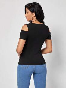 SHEIN Clasi Solid Cold Shoulder Tee - Black - View 2