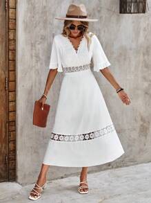 SHEIN VCAY Guipure Lace Insert Ruffle Hem Dress - White - View 3