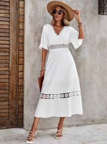 SHEIN VCAY Guipure Lace Insert Ruffle Hem Dress - White - View 6