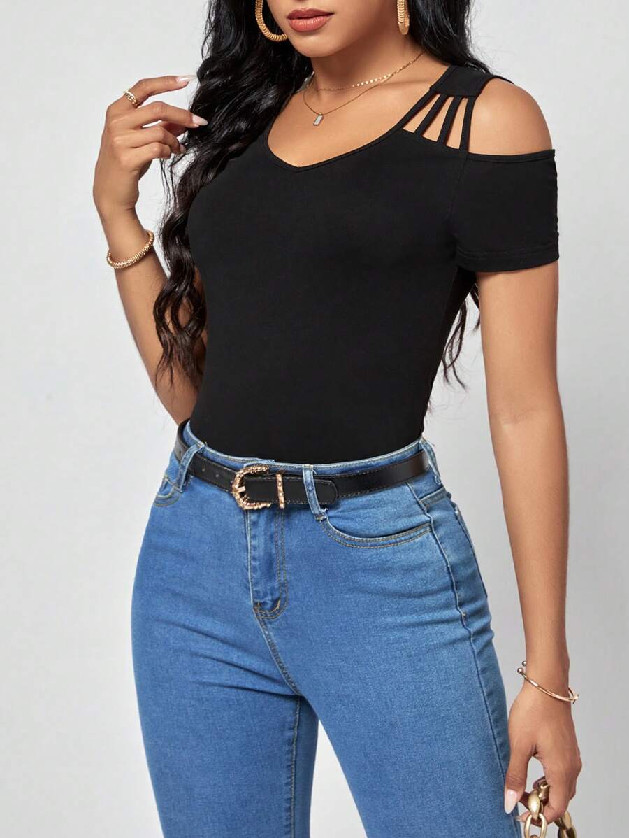 SHEIN Clasi Solid Cold Shoulder Tee - Black - View 1