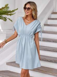 SHEIN Essnce Drawstring Batwing Sleeve Cut Out Waist Dress - Baby Blue - View 1
