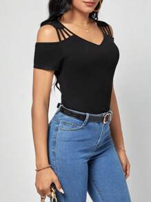 SHEIN Clasi Solid Cold Shoulder Tee - Black - View 5