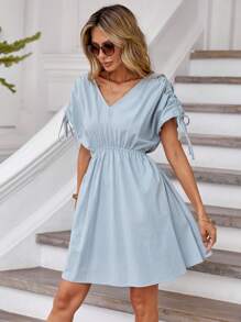 SHEIN Essnce Drawstring Batwing Sleeve Cut Out Waist Dress - Baby Blue - View 5