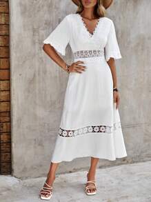 SHEIN VCAY Guipure Lace Insert Ruffle Hem Dress - White - View 4