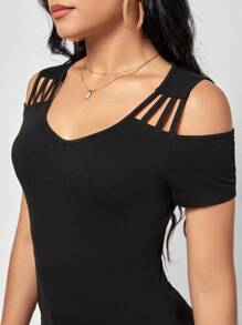 SHEIN Clasi Solid Cold Shoulder Tee - Black - View 6