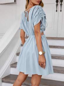 SHEIN Essnce Drawstring Batwing Sleeve Cut Out Waist Dress - Baby Blue - View 3