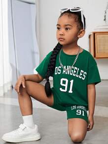 SHEIN Leap Crew Young Girl Letter Graphic Drop Shoulder Tee & Shorts - Green - View 1