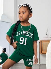 SHEIN Leap Crew Young Girl Letter Graphic Drop Shoulder Tee & Shorts - Green - View 4