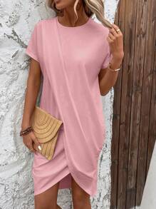 SHEIN LUNE Solid Tulip Hem Tee Dress - Dusty Pink - View 3