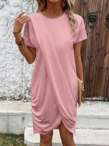 SHEIN LUNE Solid Tulip Hem Tee Dress - Dusty Pink - View 4