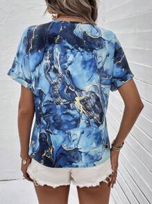 SHEIN LUNE Marble Print Batwing Sleeve Blouse - Blue - View 2