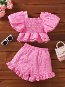 小女童前蝴蝶結荷葉邊襯衫和短褲套裝 - 玫紅色 - 查看 2