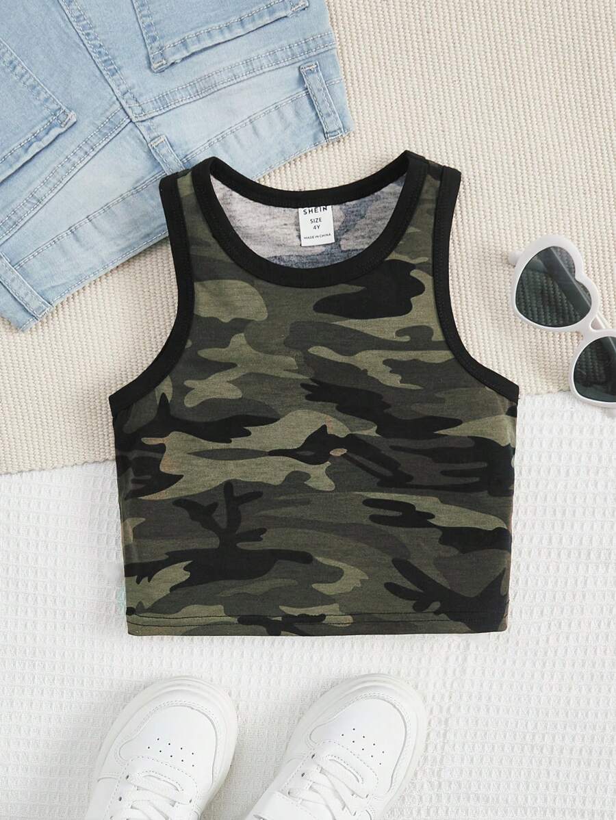 SHEIN 小女童迷彩印花撞色滾邊背心上衣 - 彩色 - 查看 1