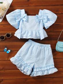 Toddler Girls Bow Front Ruffle Hem Top & Shorts Set - Baby Blue - View 1