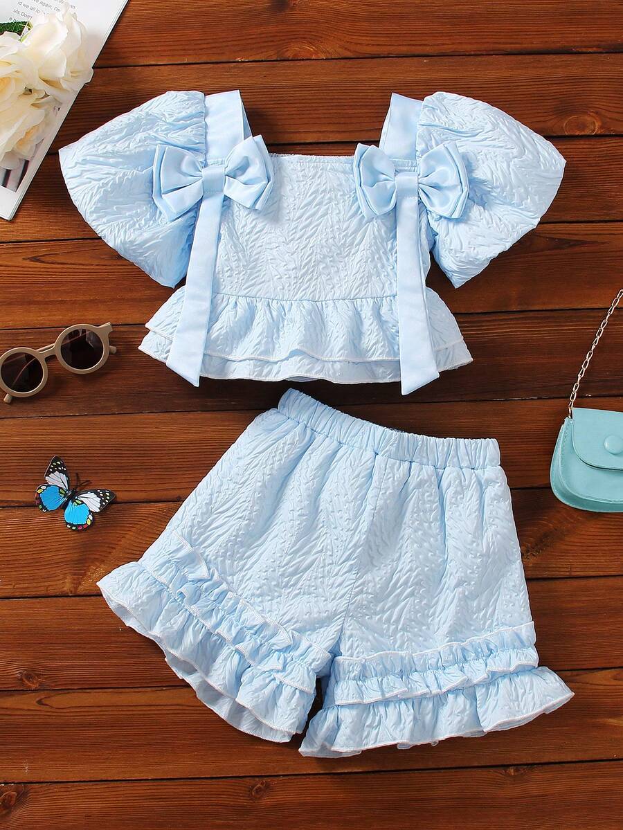 Toddler Girls Bow Front Ruffle Hem Top & Shorts Set - Baby Blue - View 1
