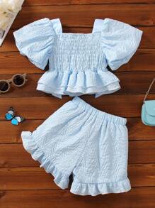 Toddler Girls Bow Front Ruffle Hem Top & Shorts Set - Baby Blue - View 2