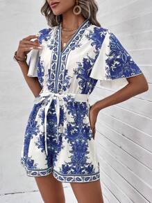 SHEIN VCAY Áo liền quần nữ Thắt lưng Hoa Boho - Xanh và trắng - Xem 4