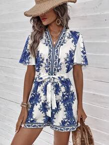 SHEIN VCAY Áo liền quần nữ Thắt lưng Hoa Boho - Xanh và trắng - Xem 5
