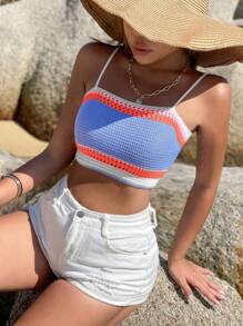 SHEIN WYWH Striped Pattern Lace Up Back Crop Cami Knit Top - Lilac Purple - View 5