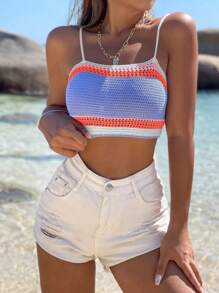 SHEIN WYWH Striped Pattern Lace Up Back Crop Cami Knit Top - Lilac Purple - View 6