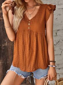 SHEIN LUNE Button Detail Butterfly Sleeve Peplum Blouse - Burnt Orange - View 1