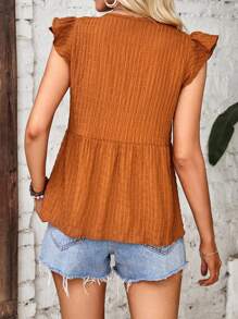 SHEIN LUNE Button Detail Butterfly Sleeve Peplum Blouse - Burnt Orange - View 2