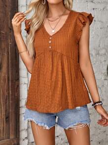 SHEIN LUNE Button Detail Butterfly Sleeve Peplum Blouse - Burnt Orange - View 3