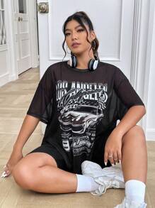 SHEIN EZwear Top con estampado de coche y letra de hombros caídos de malla - Negro - Ver 1