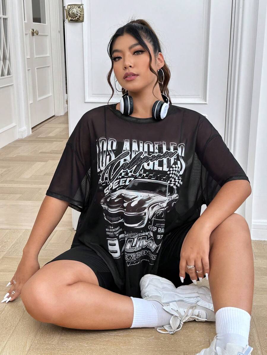 SHEIN EZwear Top con estampado de coche y letra de hombros caídos de malla - Negro - Ver 1