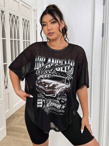 SHEIN EZwear Top con estampado de coche y letra de hombros caídos de malla - Negro - Ver 3
