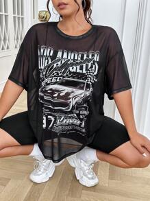 SHEIN EZwear Top con estampado de coche y letra de hombros caídos de malla - Negro - Ver 5