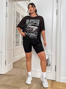 SHEIN EZwear Top con estampado de coche y letra de hombros caídos de malla - Negro - Ver 6