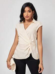 SHEIN Clasi Twist Front Blouse - Apricot - View 3