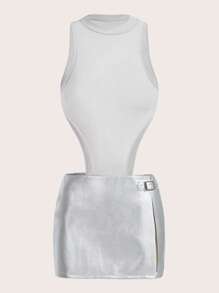 SHEIN ICON Solid Tank Bodysuit & Metallic Skirt - Silver - View 1