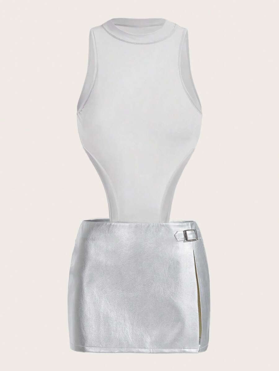 SHEIN ICON Solid Tank Bodysuit & Metallic Skirt - Silver - View 1