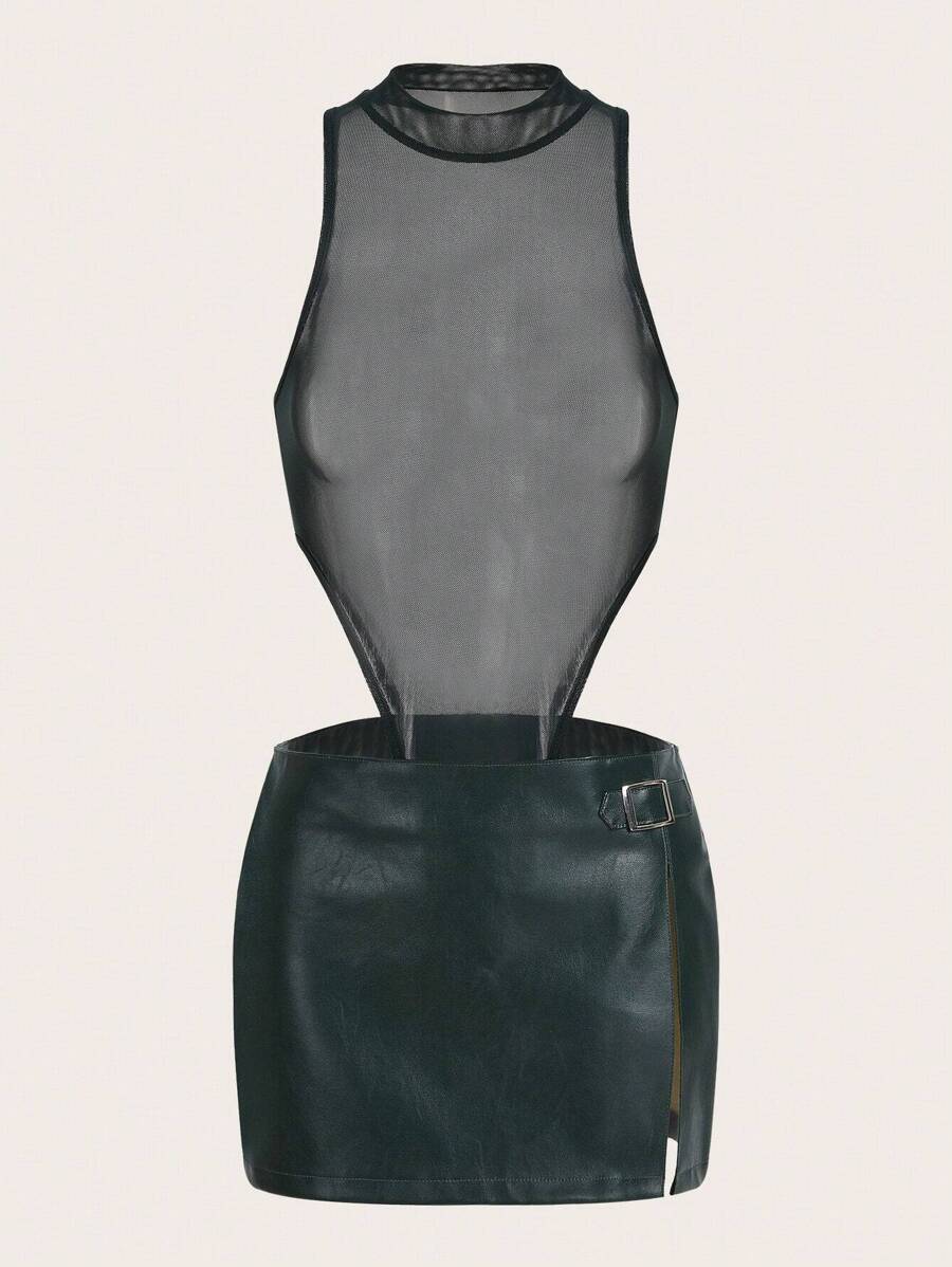 SHEIN ICON Solid Mesh Bodysuit & Split Hem Skirt