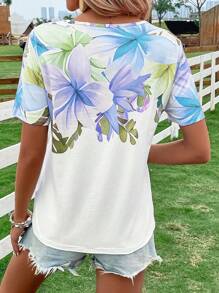 SHEIN LUNE Camiseta con estampado floral de cuello V - Azul - Ver 2