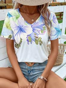 SHEIN LUNE Camiseta con estampado floral de cuello V - Azul - Ver 5