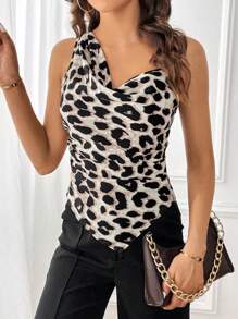 SHEIN Privé Áo sơ mi nữ Bất đối xứng Vắt In hoa Báo Giải trí - Nhiều màu - Xem 6