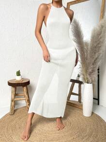 Twist Backless Split Thigh Halter Neck Cover Up Dress Without Bikini - White - View 3