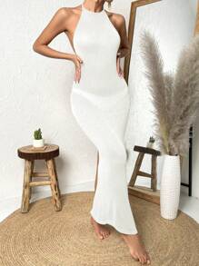 Twist Backless Split Thigh Halter Neck Cover Up Dress Without Bikini - White - View 4