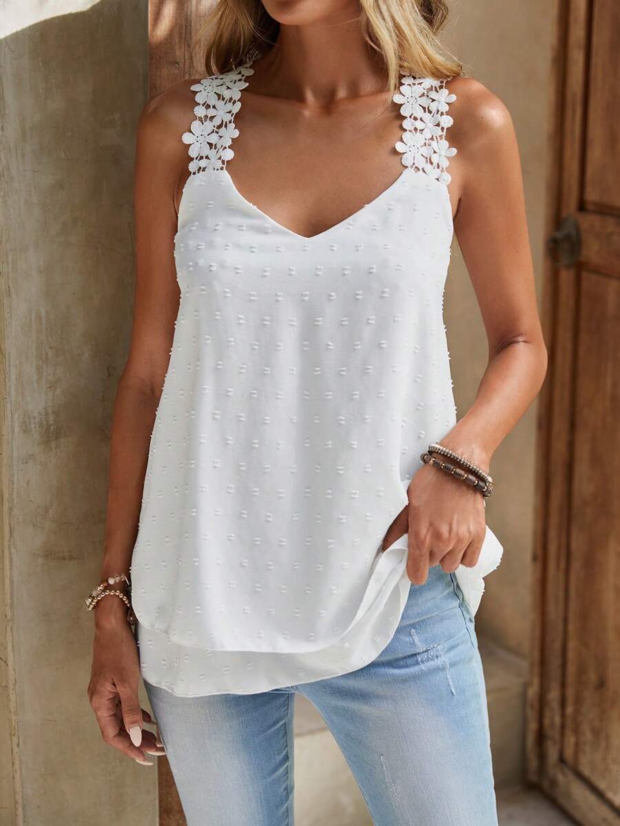 SHEIN LUNE 圓點拼接水溶蕾絲寬肩帶上衣 - 白色 - 查看 1