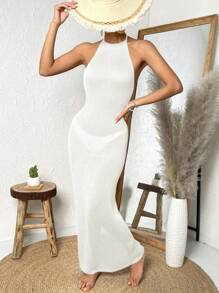 Twist Backless Split Thigh Halter Neck Cover Up Dress Without Bikini - White - View 5