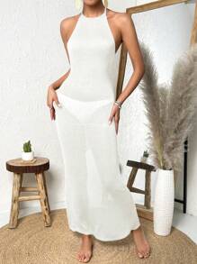 Twist Backless Split Thigh Halter Neck Cover Up Dress Without Bikini - White - View 6