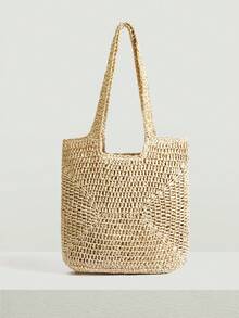 SHEIN VCAY Dung lượng lớn Túi Rơm Tay cầm đôi Màu thuần - Màu be - Xem 5